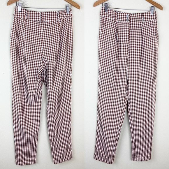 NWT NASTY GAL Brown Gingham Plaid Trouser Pants Retro 70s Style High Waist - Picture 2 of 10